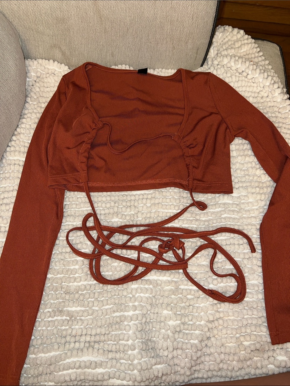 SHEIN Rust Ribbed Long-Sleeve Ruched Wrap Crop Top